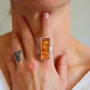 Natural Baltic Amber Modern Ring- 925 Sterling Silver- Handmade
